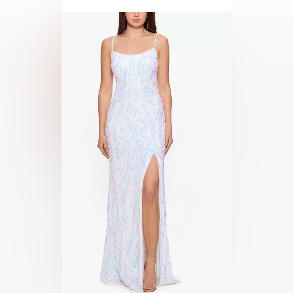 Betsy & Adam Iridescent Sequin Strapless Slit Evening Gown